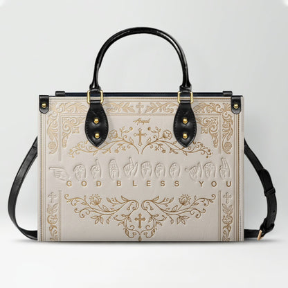 Personalized Christian ASL God Bless You Leather Handbag - Custom Name Christian Leather Tote Bag - CHRISTIANARTBAG CAB01101426