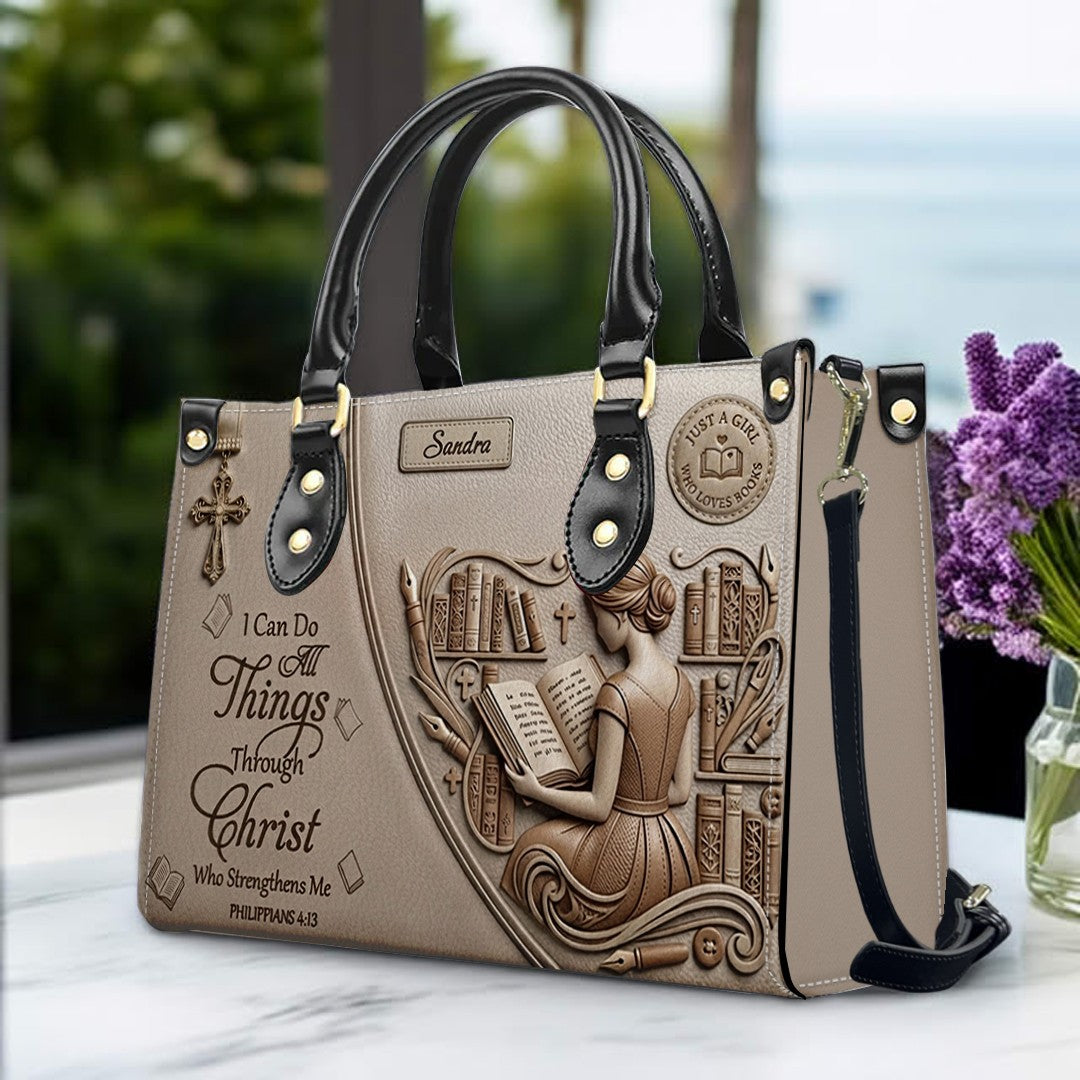 Personalized Leather Handbag | Girl Loves Books - I Can Do All Things Through Christ | CHRISTIANARTBAG CAB0171826