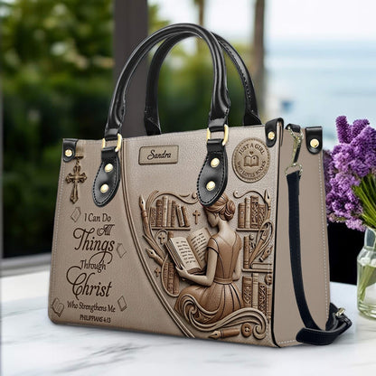 Personalized Leather Handbag | Girl Loves Books - I Can Do All Things Through Christ | CHRISTIANARTBAG CAB0171826