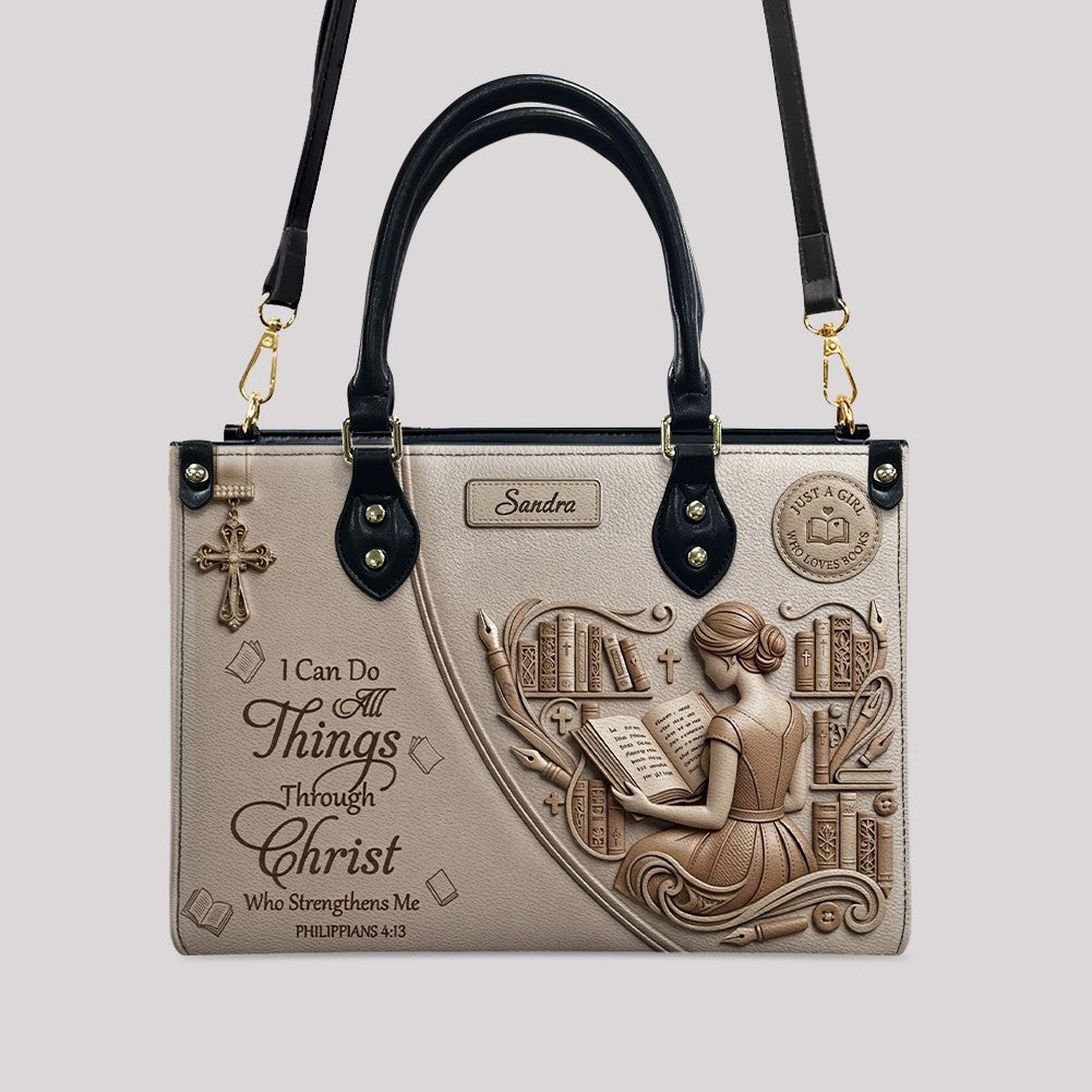Personalized Leather Handbag | Girl Loves Books - I Can Do All Things Through Christ | CHRISTIANARTBAG CAB0171826