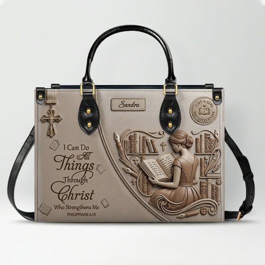Personalized Leather Handbag | Girl Loves Books - I Can Do All Things Through Christ | CHRISTIANARTBAG CAB0171826