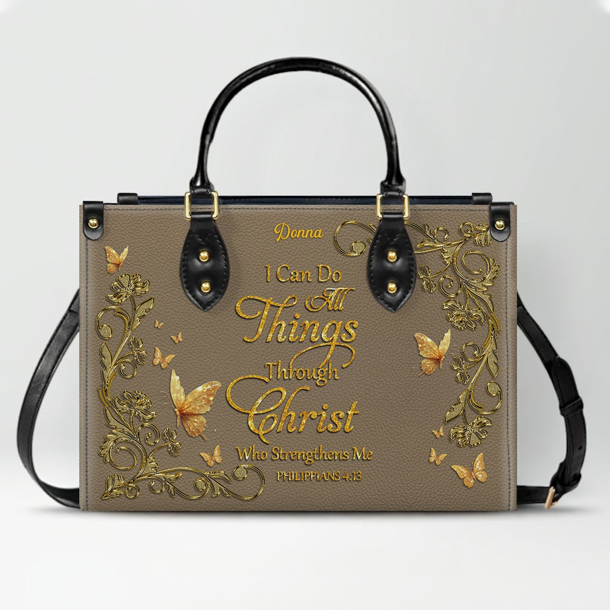 Personalized Christian Leather Handbag - Custom Name Bible Verse Tote Bag - Floral Butterfly Embossed Satchel - Luxury Boho Gift for Christian Women - CHRISTIANARTBAG