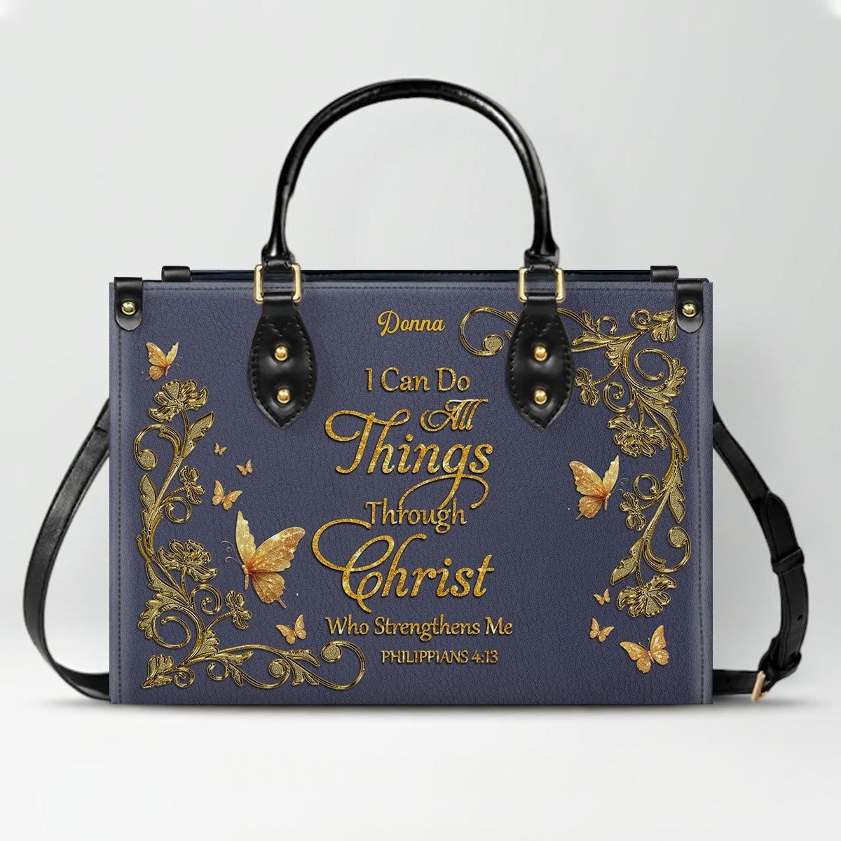 Personalized Christian Leather Handbag - Custom Name Bible Verse Tote Bag - Floral Butterfly Embossed Satchel - Luxury Boho Gift for Christian Women - CHRISTIANARTBAG
