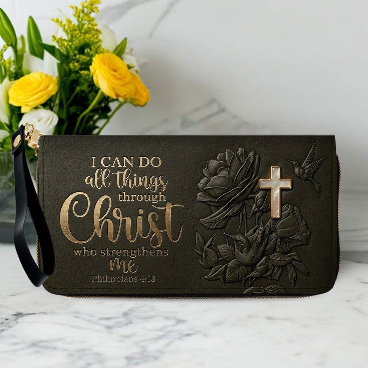 Personalized Leather Handbag for Christian Women - Custom Name "I Can Do All Things" Floral Cross Leather Purse | CHRISTIANARTBAG 01072126