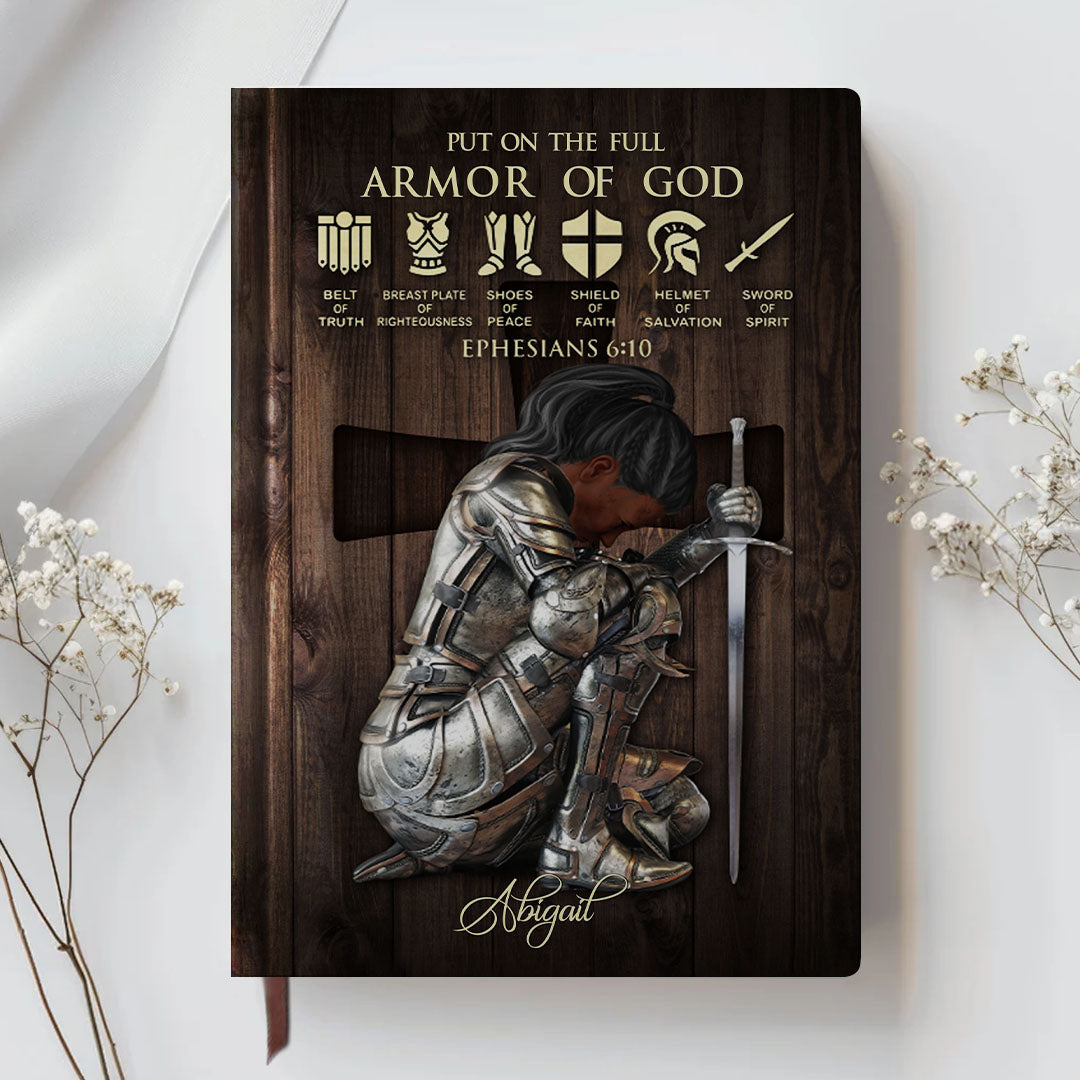 Personalized Leather Notebook – Armor of God & Names of God Christian Journal, Custom Name & Skin Tone