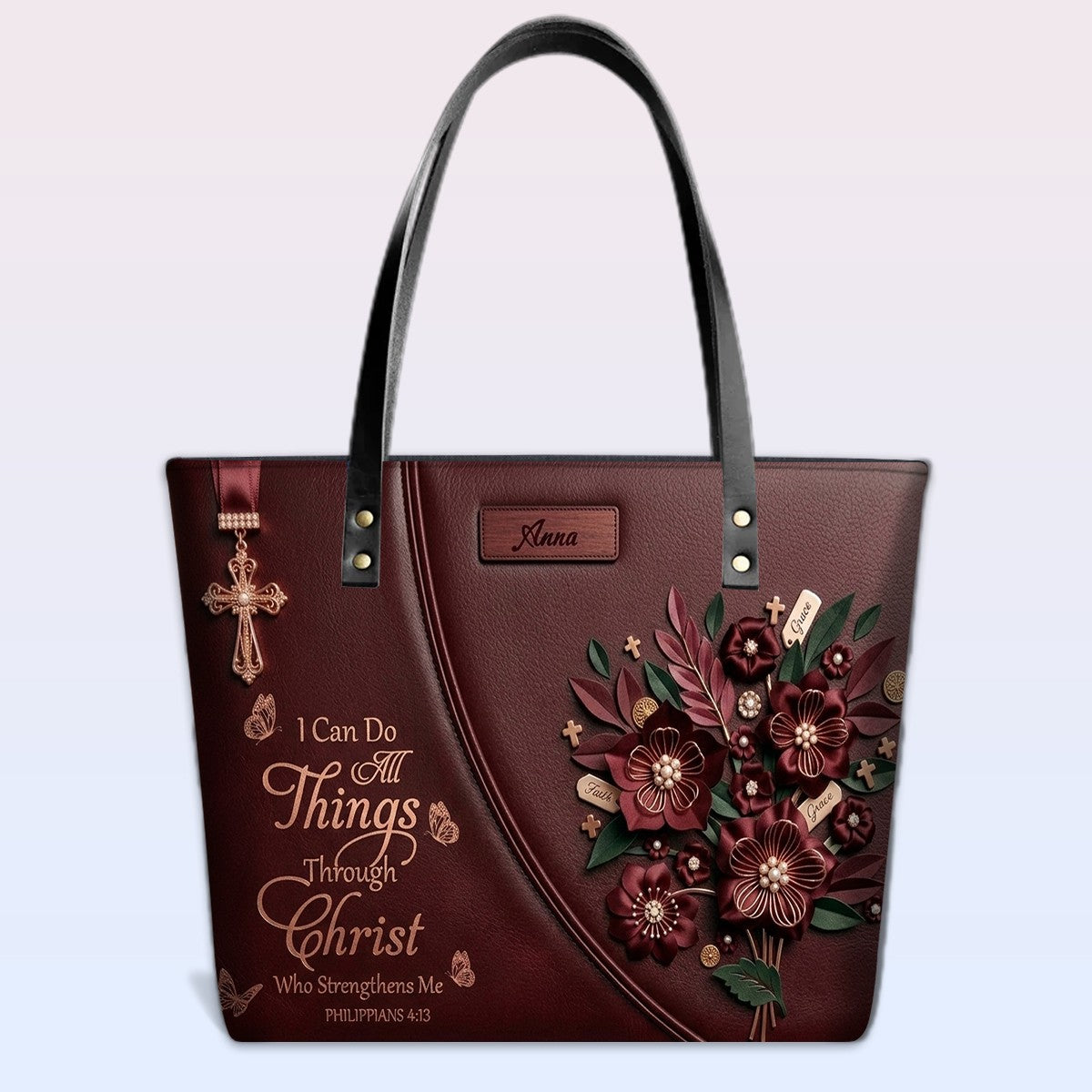 Personalized Leather Tote Bag with Custom Name - Christian Floral Scripture Handbag, Philippians 4:13 | CHRISTIANARTBAG 01072326