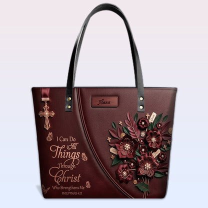 Personalized Leather Tote Bag with Custom Name - Christian Floral Scripture Handbag, Philippians 4:13 | CHRISTIANARTBAG 01072326