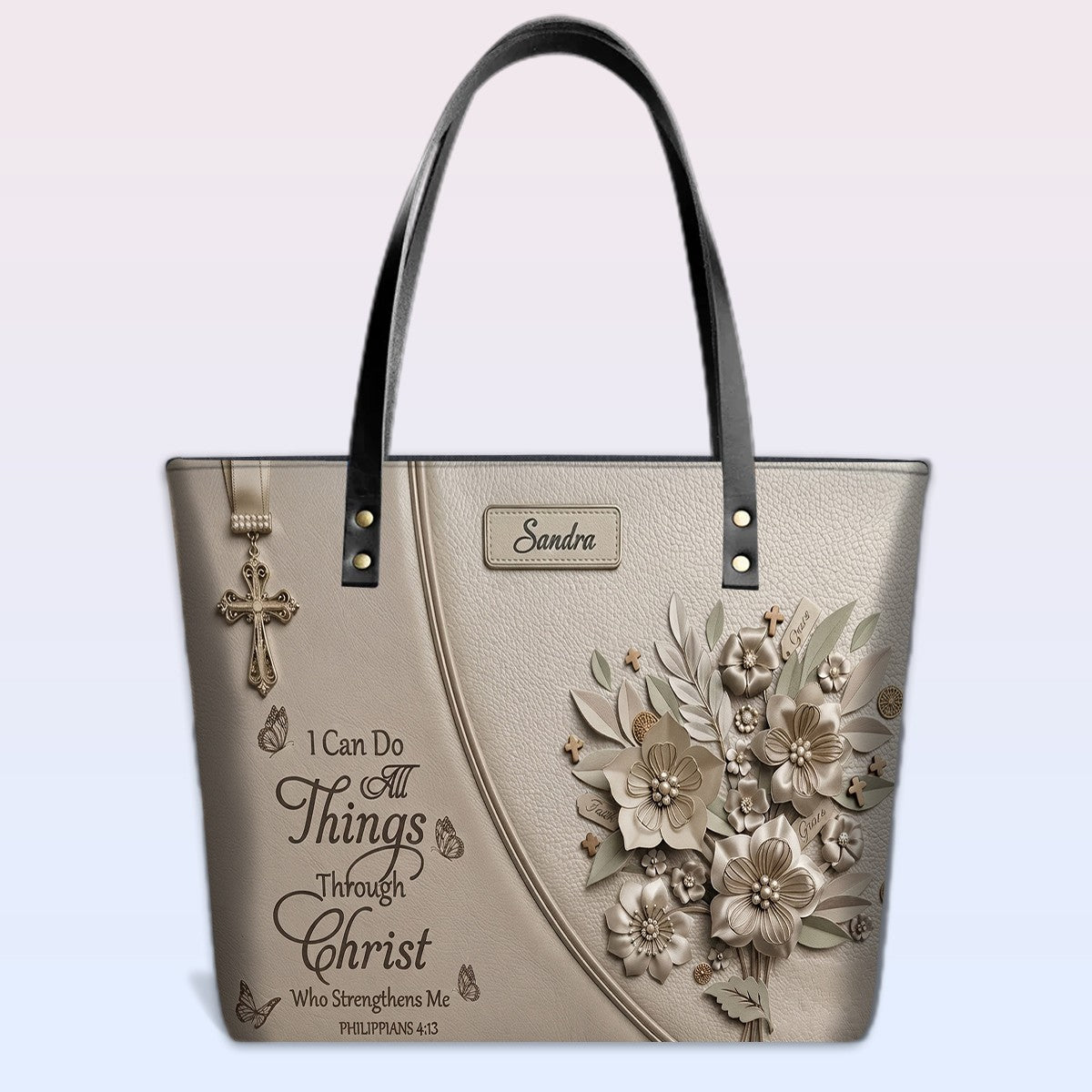Personalized Leather Tote Bag with Custom Name - Christian Floral Scripture Handbag, Philippians 4:13 | CHRISTIANARTBAG 01072326