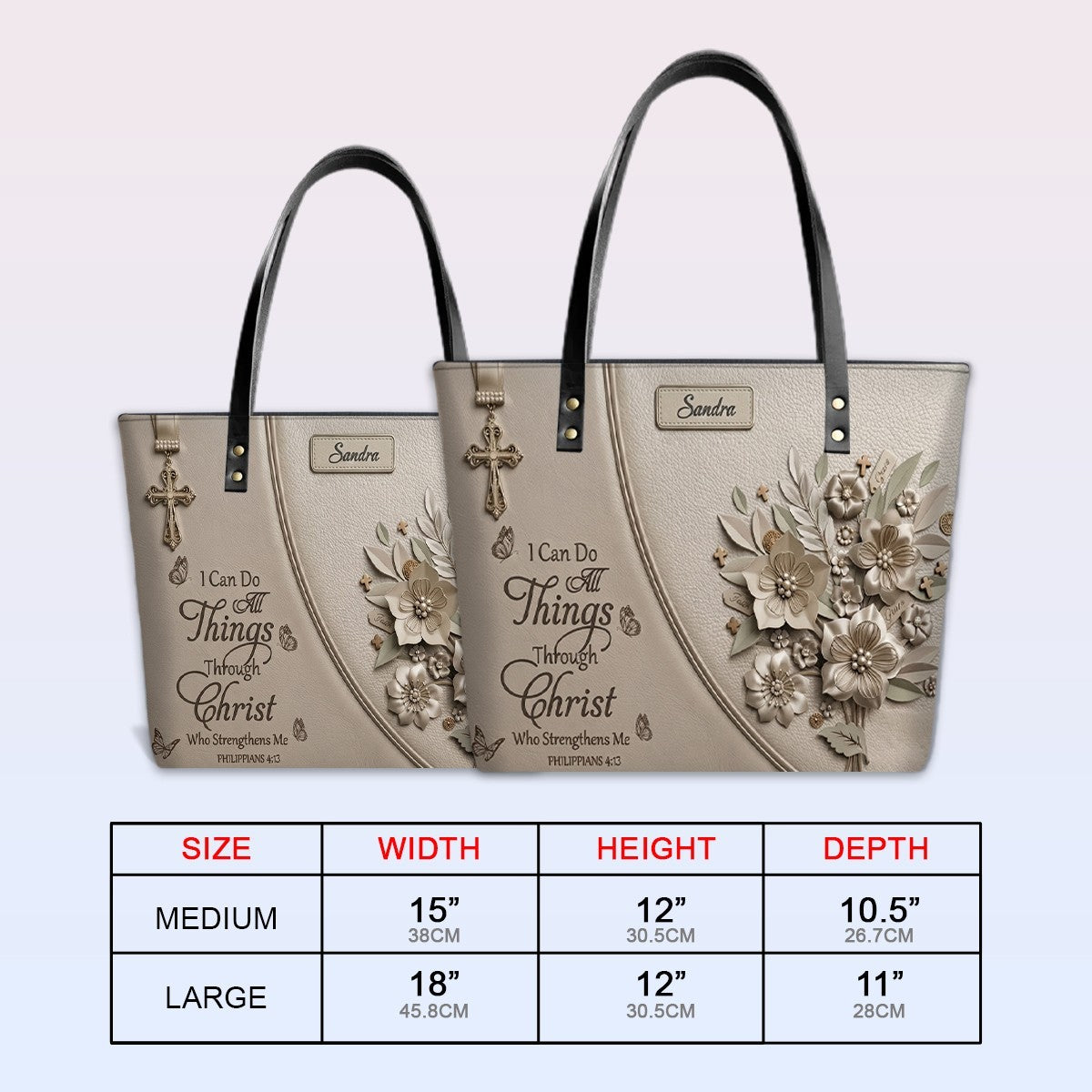 Personalized Leather Tote Bag with Custom Name - Christian Floral Scripture Handbag, Philippians 4:13 | CHRISTIANARTBAG 01072326