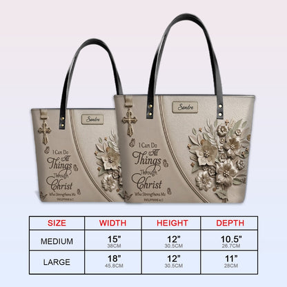 Personalized Leather Tote Bag with Custom Name - Christian Floral Scripture Handbag, Philippians 4:13 | CHRISTIANARTBAG 01072326