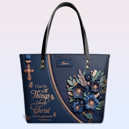 Personalized Leather Tote Bag with Custom Name - Christian Floral Scripture Handbag, Philippians 4:13 | CHRISTIANARTBAG 01072326