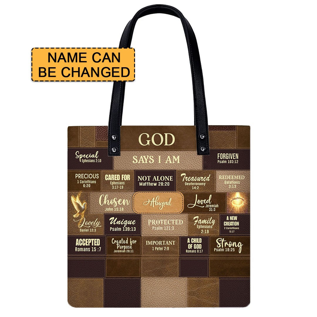 Personalized Christian Handbag – “God Says I Am” Scripture Tote Bag with Name Customization – Inspirational Bible Verse Purse for Women
