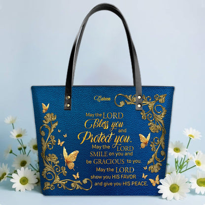 Personalized Leather Tote Bag with Bible Verses – Custom Faith-Inspired Leather TOTE Bag | CHRISTIANARTBAG Leather TOTE Bag Navy CAB01121025