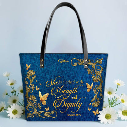 Personalized Leather Tote Bag with Bible Verses – Custom Faith-Inspired Leather TOTE Bag | CHRISTIANARTBAG Leather TOTE Bag Navy CAB01121025