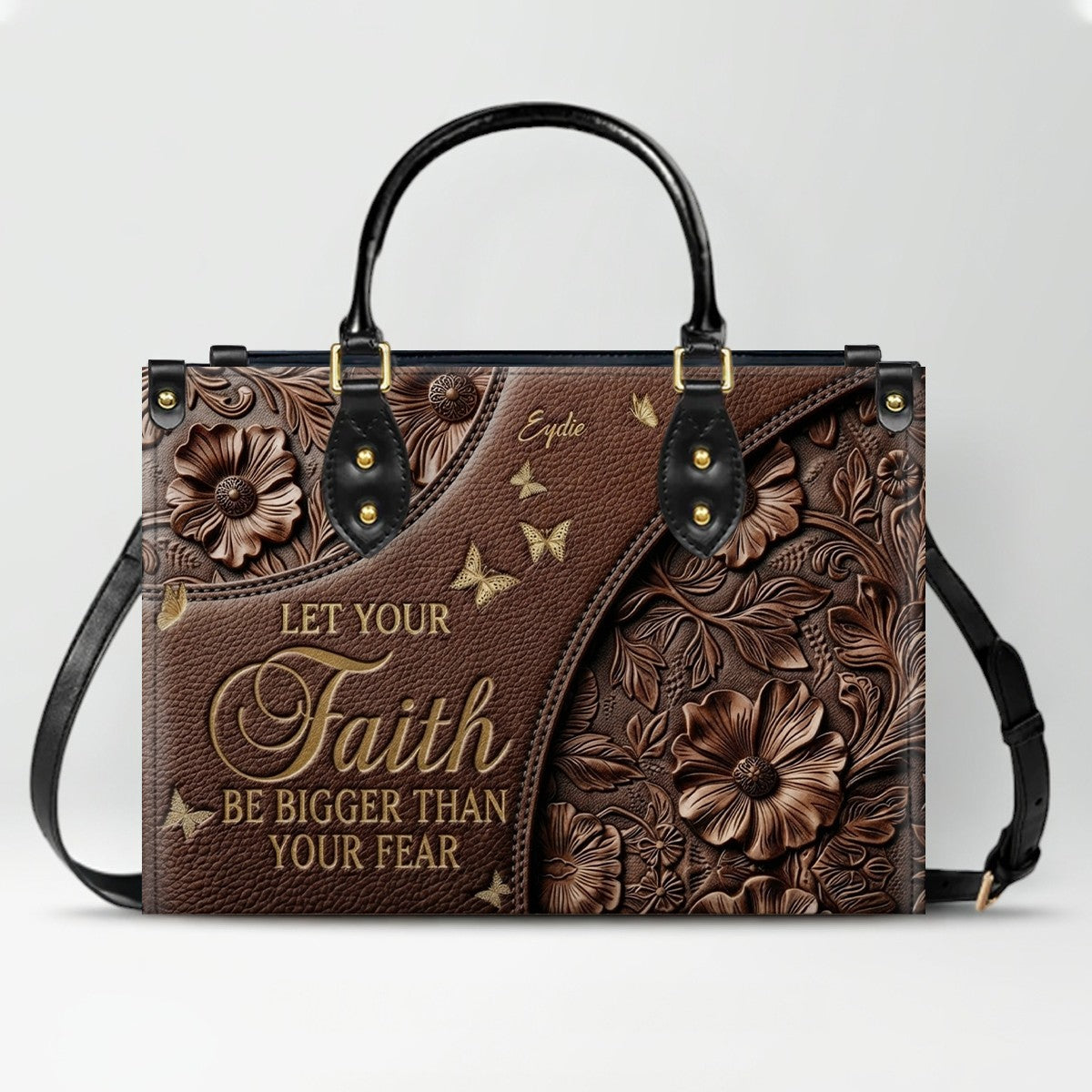 CHRISTIANARTBAG | Personalized Leather Handbag - Let Your Faith Be Bigger Than Your Fear - Custom Name Floral Leather Tote Bag CAB01080726
