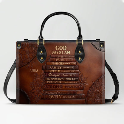 CHRISTIANARTBAG Personalized God Says I Am Leather Handbag - Custom Name Christian Bible Verse Stacked Books Tote Bag CAB01072226
