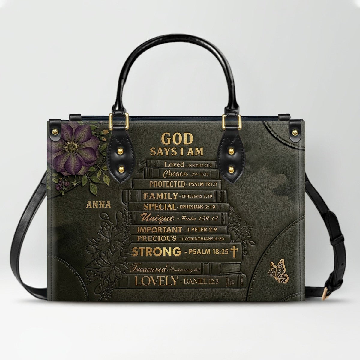 CHRISTIANARTBAG Personalized God Says I Am Leather Handbag - Custom Name Christian Bible Verse Stacked Books Tote Bag CAB01072226