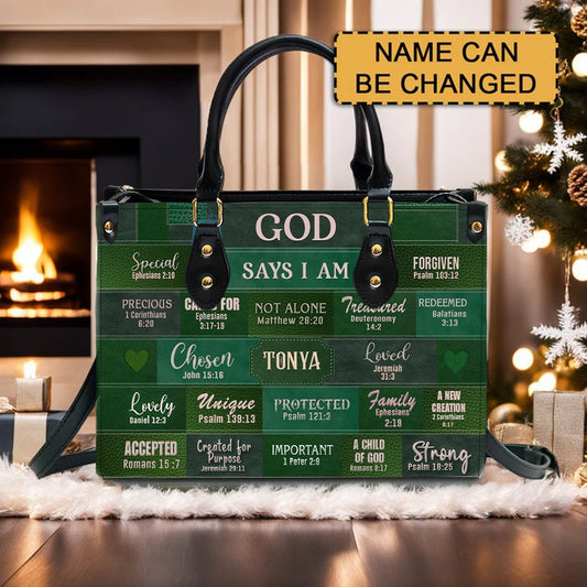 Christianartbag Handbags, God Says I Am Leather Handbag Green, Personalized Bags, Gifts for Women, Christmas Gift, CABLTB03240923.