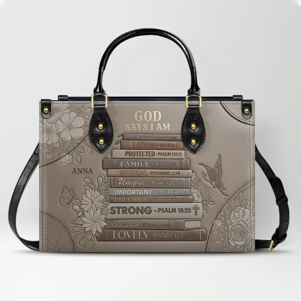 CHRISTIANARTBAG Personalized God Says I Am Leather Handbag - Custom Name Christian Bible Verse Stacked Books Tote Bag CAB01072226