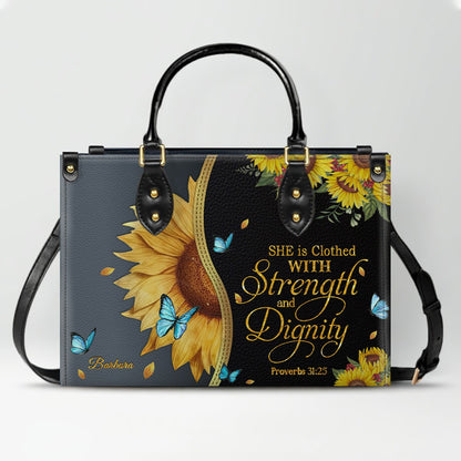 Personalized Philippians 4:13 Sunflower Leather Tote Bag - Custom Name Christian Gift for Women - Inspirational Bible Verse Satchel - Faith Based Handbag