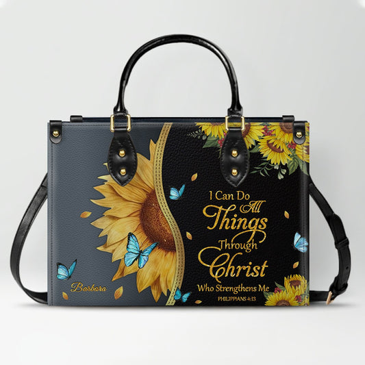 Personalized Philippians 4:13 Sunflower Leather Tote Bag - Custom Name Christian Gift for Women - Inspirational Bible Verse Satchel - Faith Based Handbag