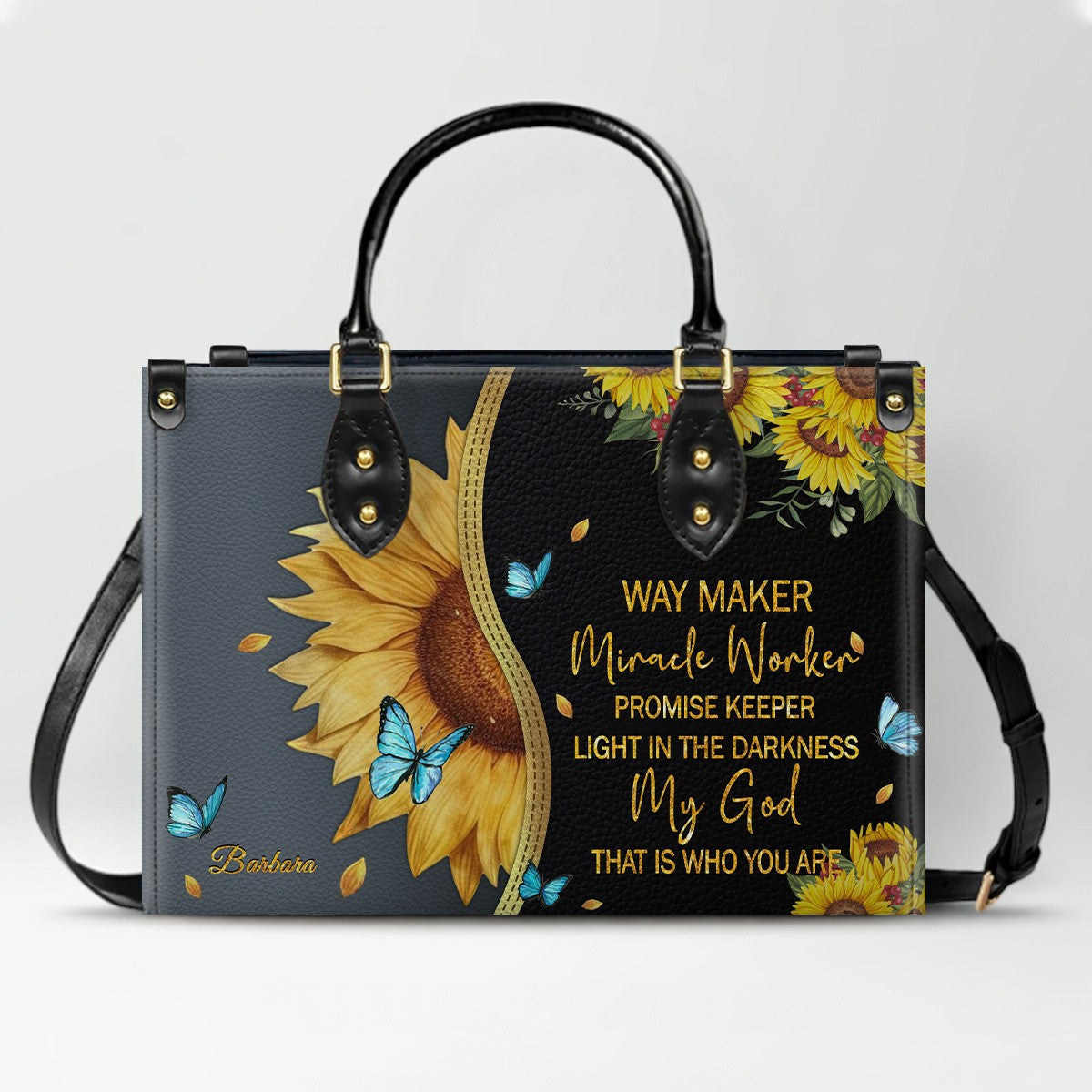 Personalized Philippians 4:13 Sunflower Leather Tote Bag - Custom Name Christian Gift for Women - Inspirational Bible Verse Satchel - Faith Based Handbag