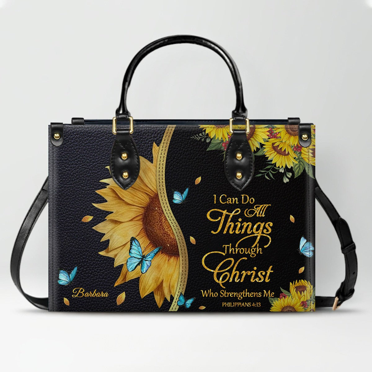 Personalized Philippians 4:13 Sunflower Leather Tote Bag - Custom Name Christian Gift for Women - Inspirational Bible Verse Satchel - Faith Based Handbag