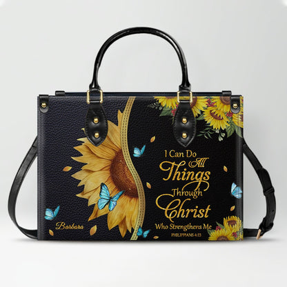 Personalized Philippians 4:13 Sunflower Leather Tote Bag - Custom Name Christian Gift for Women - Inspirational Bible Verse Satchel - Faith Based Handbag