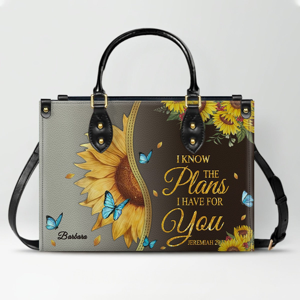 Personalized Philippians 4:13 Sunflower Leather Tote Bag - Custom Name Christian Gift for Women - Inspirational Bible Verse Satchel - Faith Based Handbag