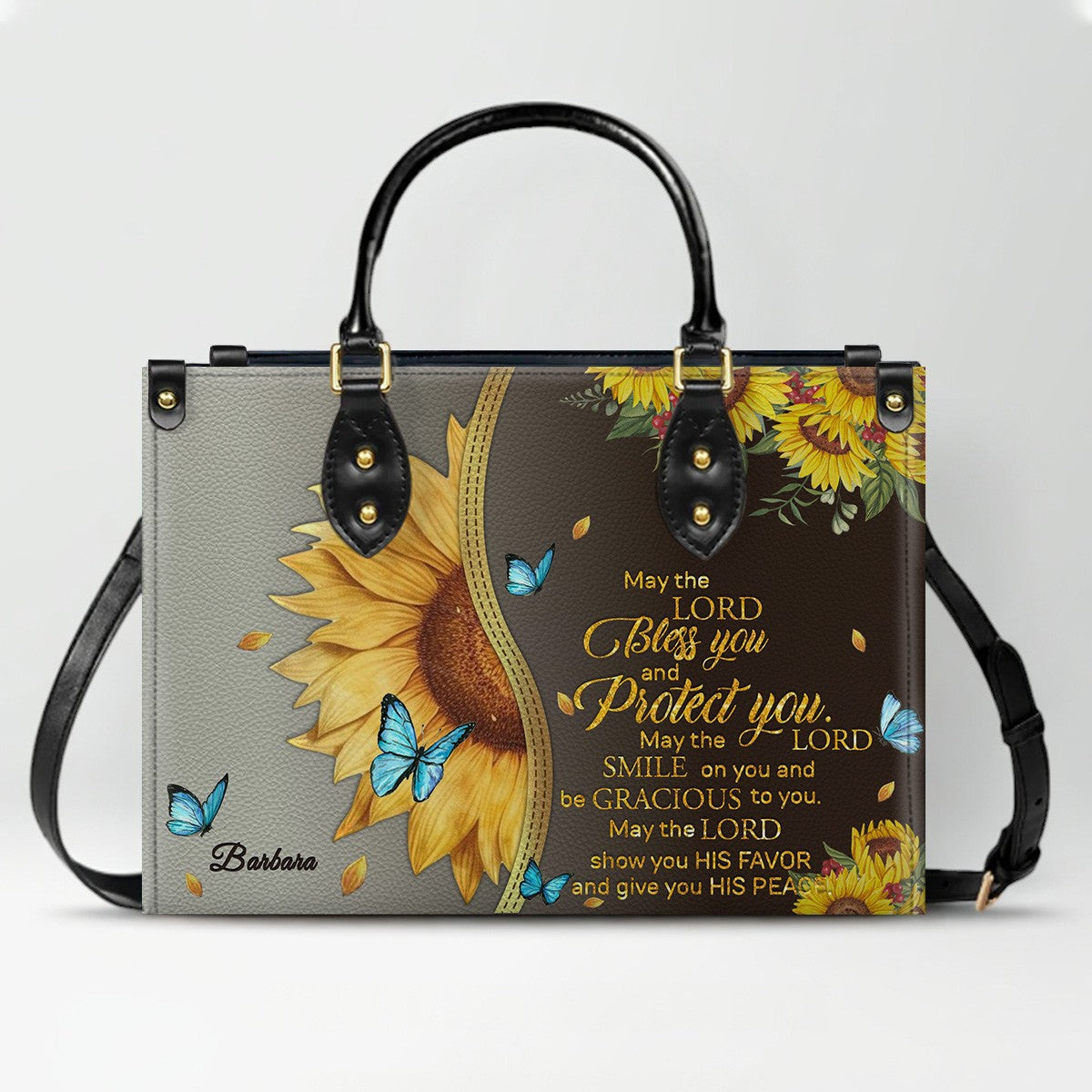 Personalized Philippians 4:13 Sunflower Leather Tote Bag - Custom Name Christian Gift for Women - Inspirational Bible Verse Satchel - Faith Based Handbag