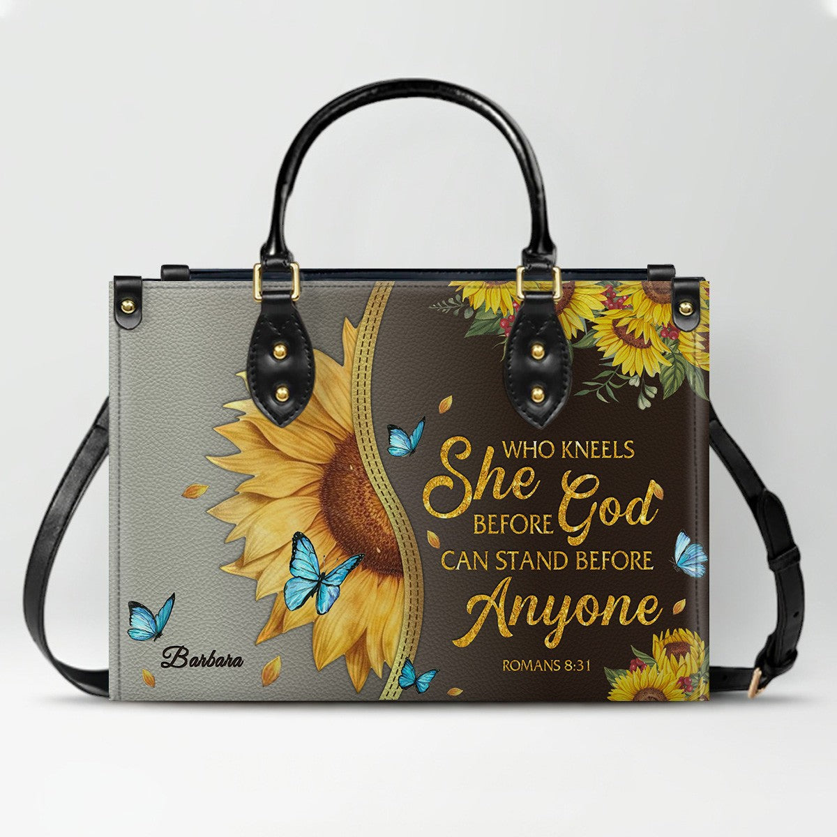 Personalized Philippians 4:13 Sunflower Leather Tote Bag - Custom Name Christian Gift for Women - Inspirational Bible Verse Satchel - Faith Based Handbag