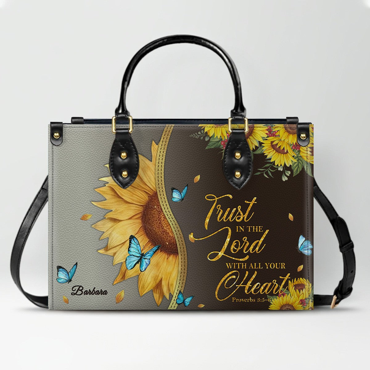 Personalized Philippians 4:13 Sunflower Leather Tote Bag - Custom Name Christian Gift for Women - Inspirational Bible Verse Satchel - Faith Based Handbag