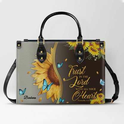 Personalized Philippians 4:13 Sunflower Leather Tote Bag - Custom Name Christian Gift for Women - Inspirational Bible Verse Satchel - Faith Based Handbag