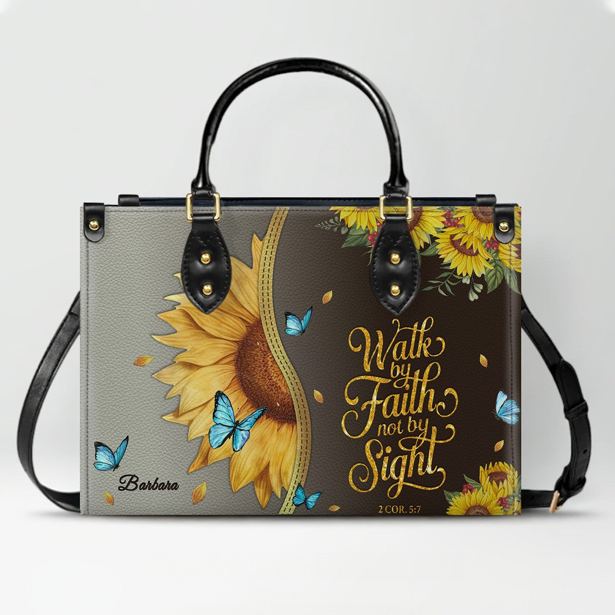 Personalized Philippians 4:13 Sunflower Leather Tote Bag - Custom Name Christian Gift for Women - Inspirational Bible Verse Satchel - Faith Based Handbag