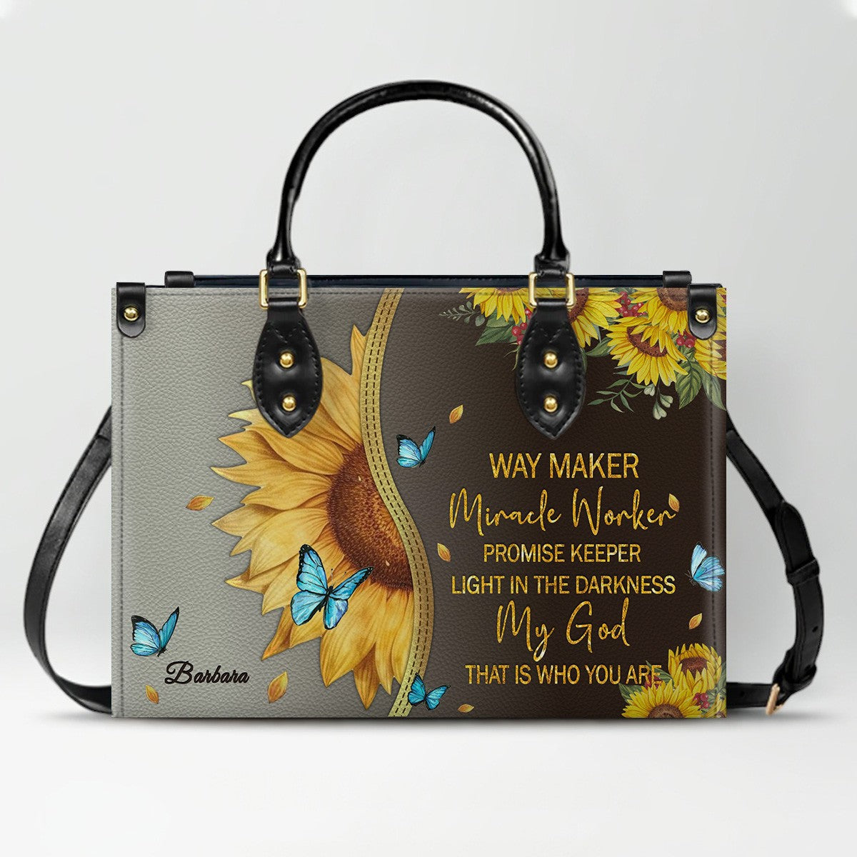 Personalized Philippians 4:13 Sunflower Leather Tote Bag - Custom Name Christian Gift for Women - Inspirational Bible Verse Satchel - Faith Based Handbag