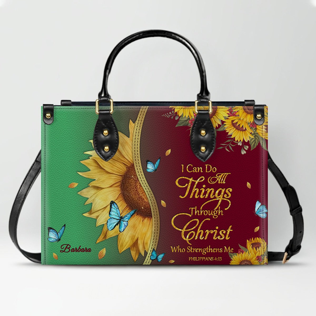 Personalized Philippians 4:13 Sunflower Leather Tote Bag - Custom Name Christian Gift for Women - Inspirational Bible Verse Satchel - Faith Based Handbag