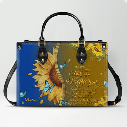 Personalized Philippians 4:13 Sunflower Leather Tote Bag - Custom Name Christian Gift for Women - Inspirational Bible Verse Satchel - Faith Based Handbag