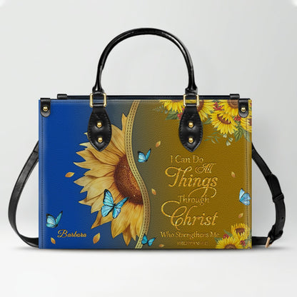 Personalized Philippians 4:13 Sunflower Leather Tote Bag - Custom Name Christian Gift for Women - Inspirational Bible Verse Satchel - Faith Based Handbag