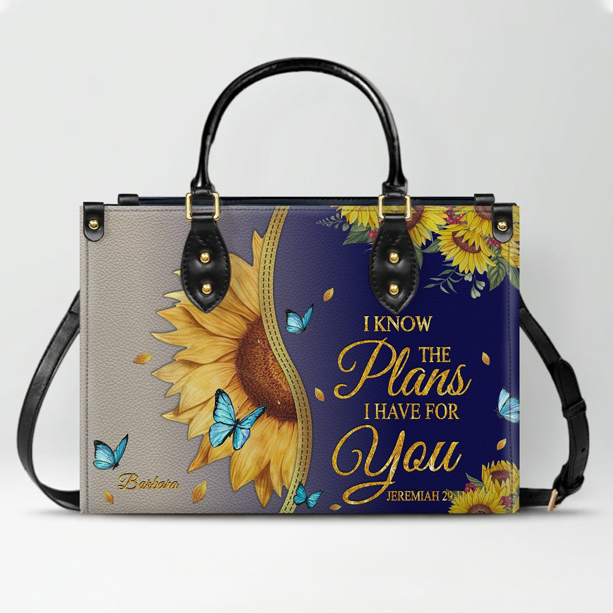 Personalized Philippians 4:13 Sunflower Leather Tote Bag - Custom Name Christian Gift for Women - Inspirational Bible Verse Satchel - Faith Based Handbag