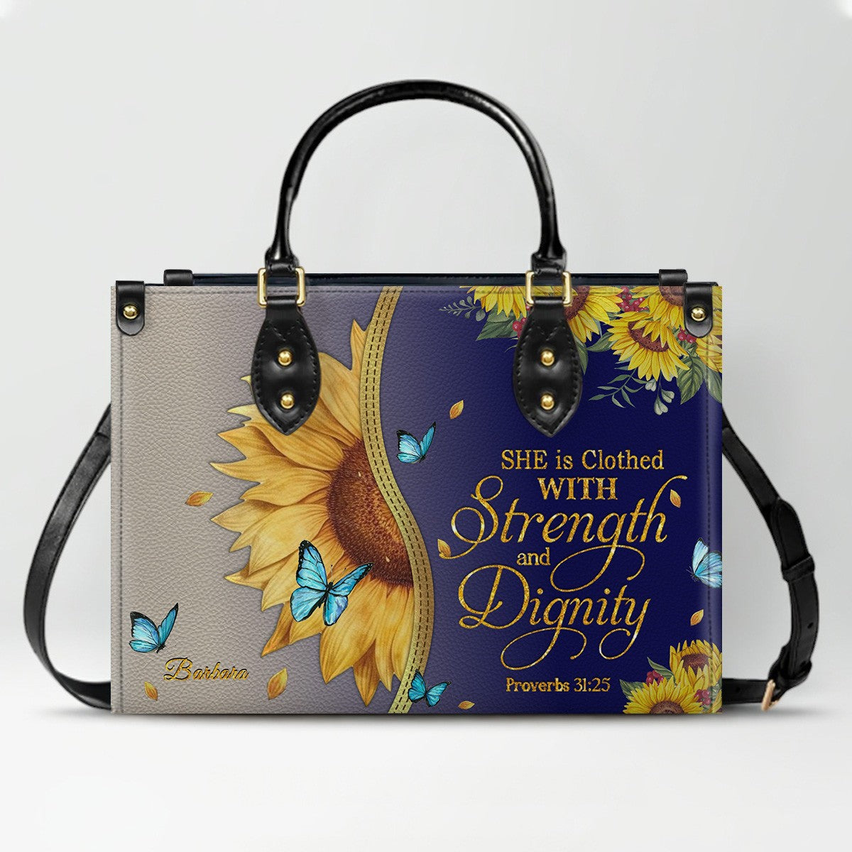 Personalized Philippians 4:13 Sunflower Leather Tote Bag - Custom Name Christian Gift for Women - Inspirational Bible Verse Satchel - Faith Based Handbag