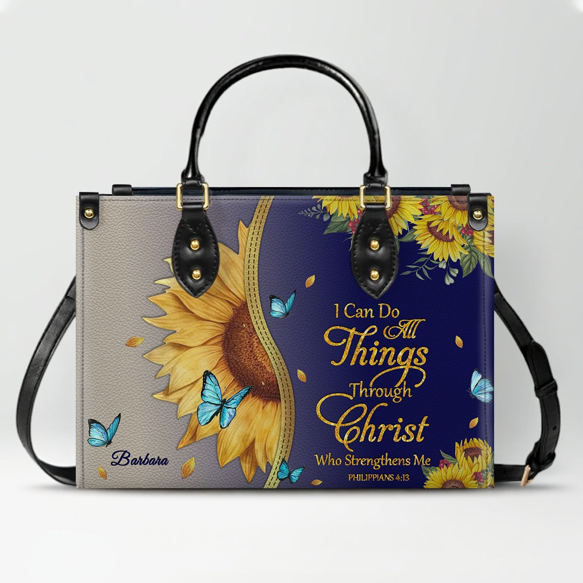 Personalized Philippians 4:13 Sunflower Leather Tote Bag - Custom Name Christian Gift for Women - Inspirational Bible Verse Satchel - Faith Based Handbag