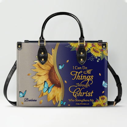 Personalized Philippians 4:13 Sunflower Leather Tote Bag - Custom Name Christian Gift for Women - Inspirational Bible Verse Satchel - Faith Based Handbag