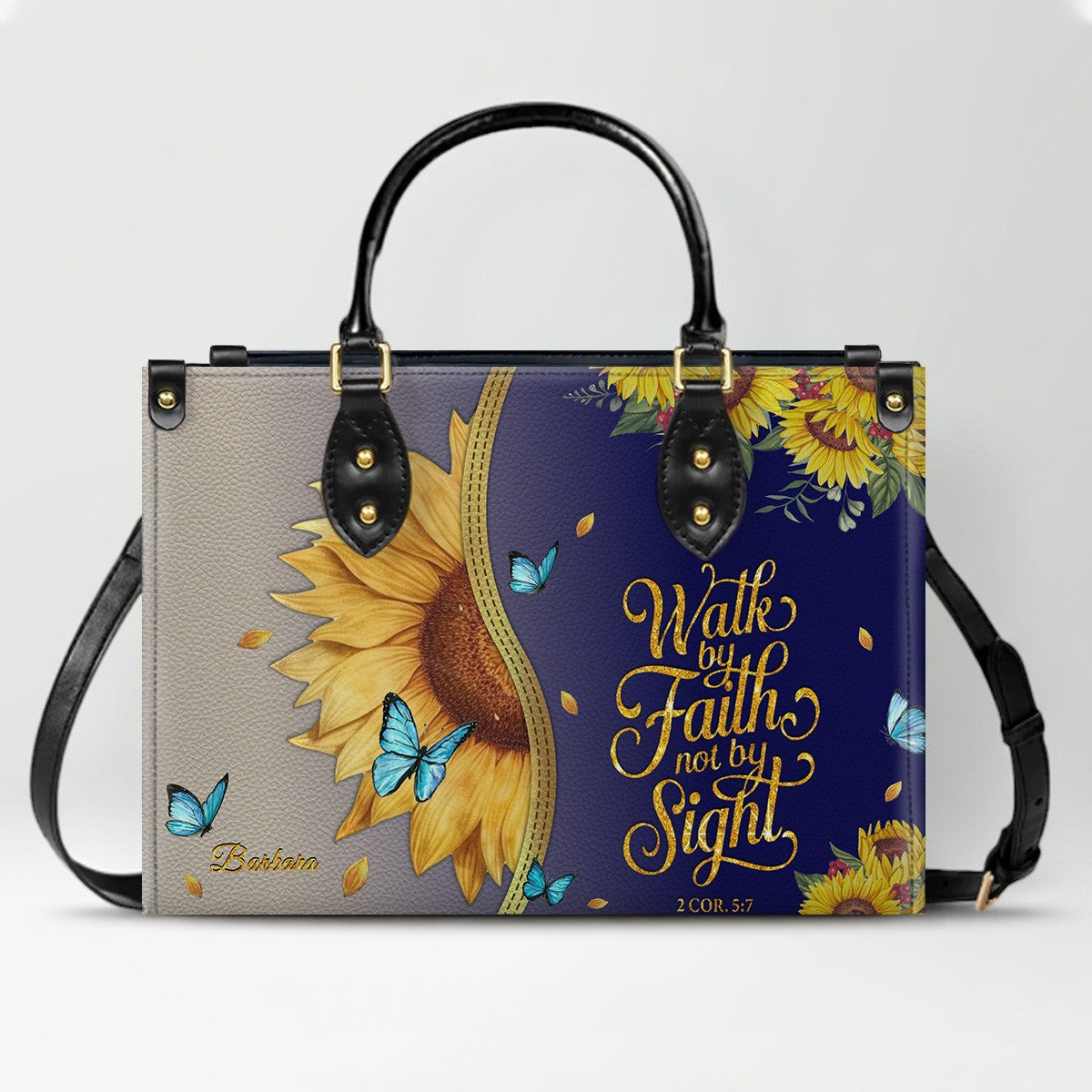 Personalized Philippians 4:13 Sunflower Leather Tote Bag - Custom Name Christian Gift for Women - Inspirational Bible Verse Satchel - Faith Based Handbag