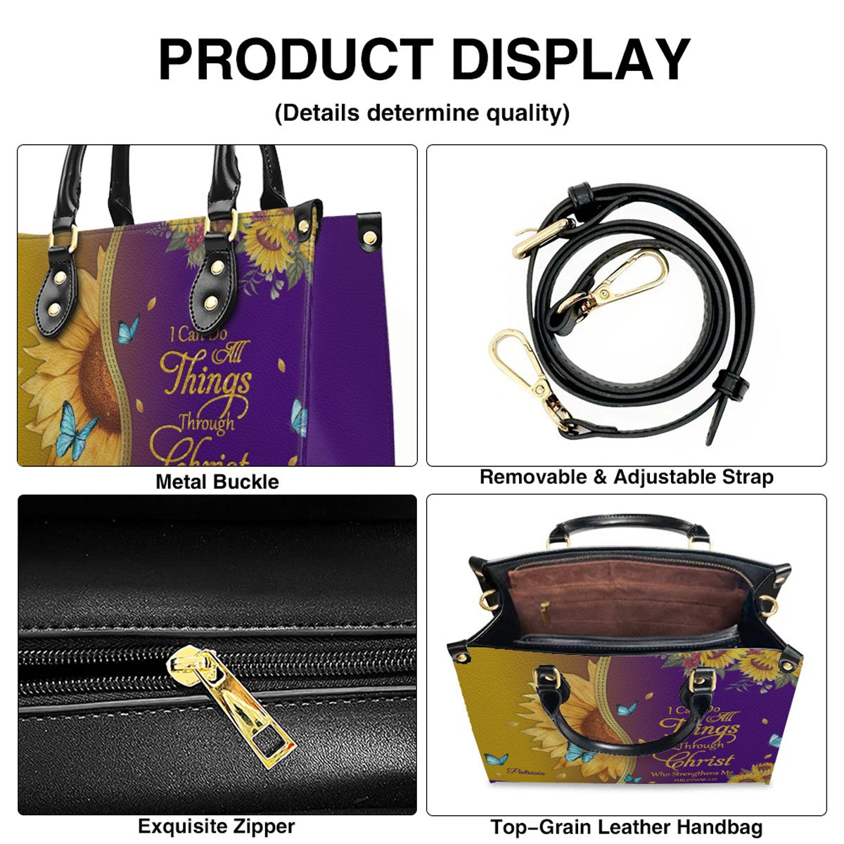 CHRISTIANARTBAG Personalized Leather Handbag & Wallet Set - Custom Bible Verse Sunflower Print - Religious Gift for Women