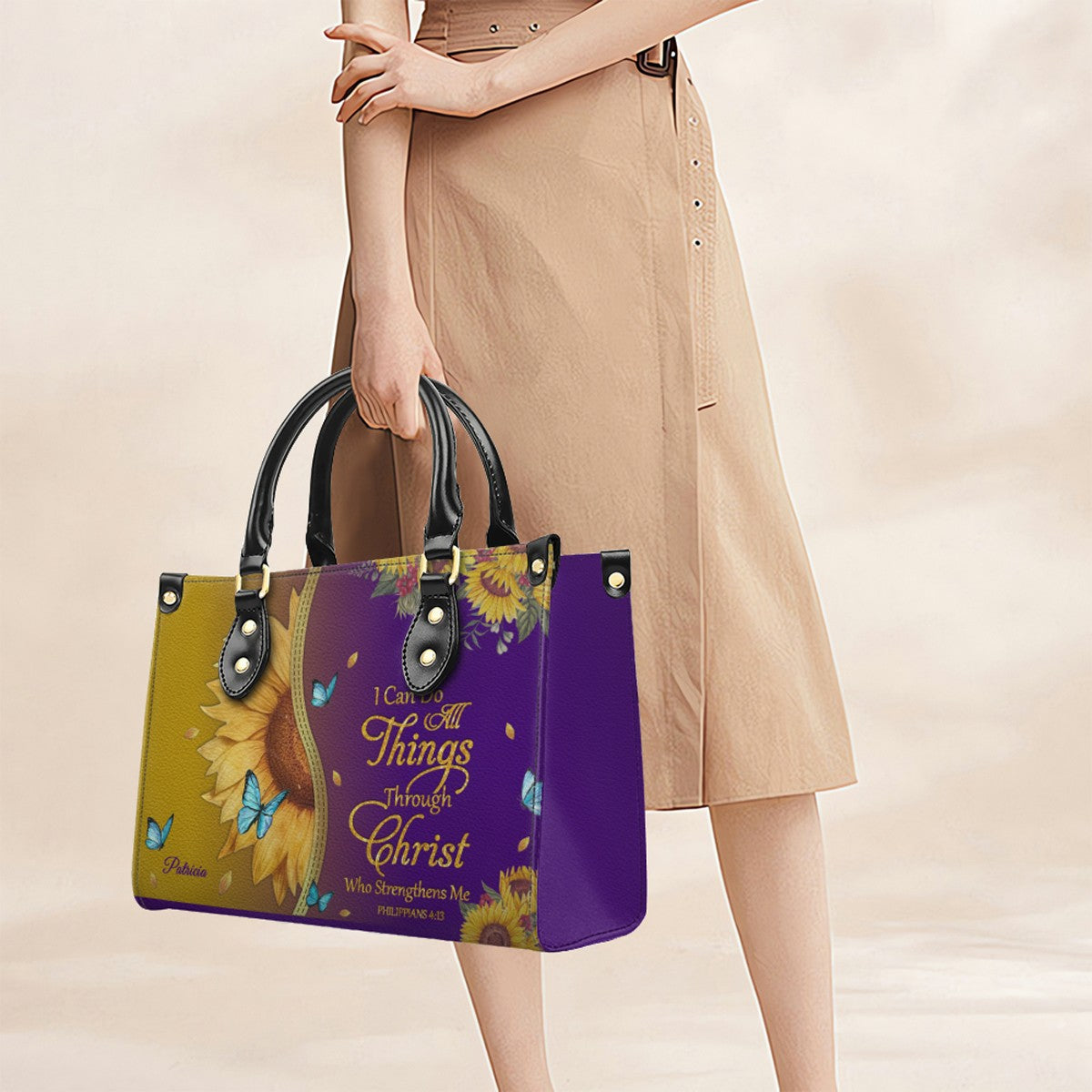 Personalized Leather Handbag with Bible Verse & Name – Sunflower Christian Tote, Custom Christian Gift for Women | CHRISTIANARTBAG