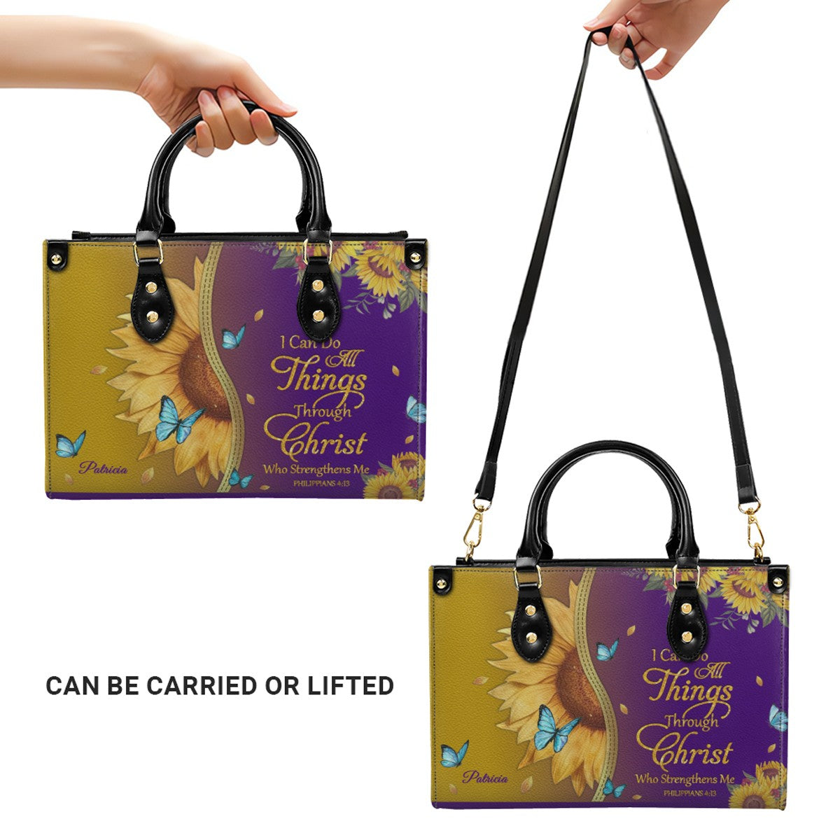 CHRISTIANARTBAG Personalized Leather Handbag & Wallet Set - Custom Bible Verse Sunflower Print - Religious Gift for Women
