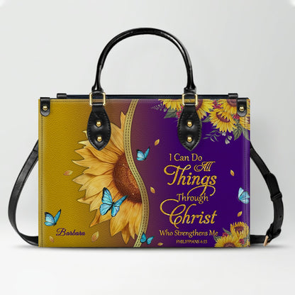 Personalized Philippians 4:13 Sunflower Leather Tote Bag - Custom Name Christian Gift for Women - Inspirational Bible Verse Satchel - Faith Based Handbag