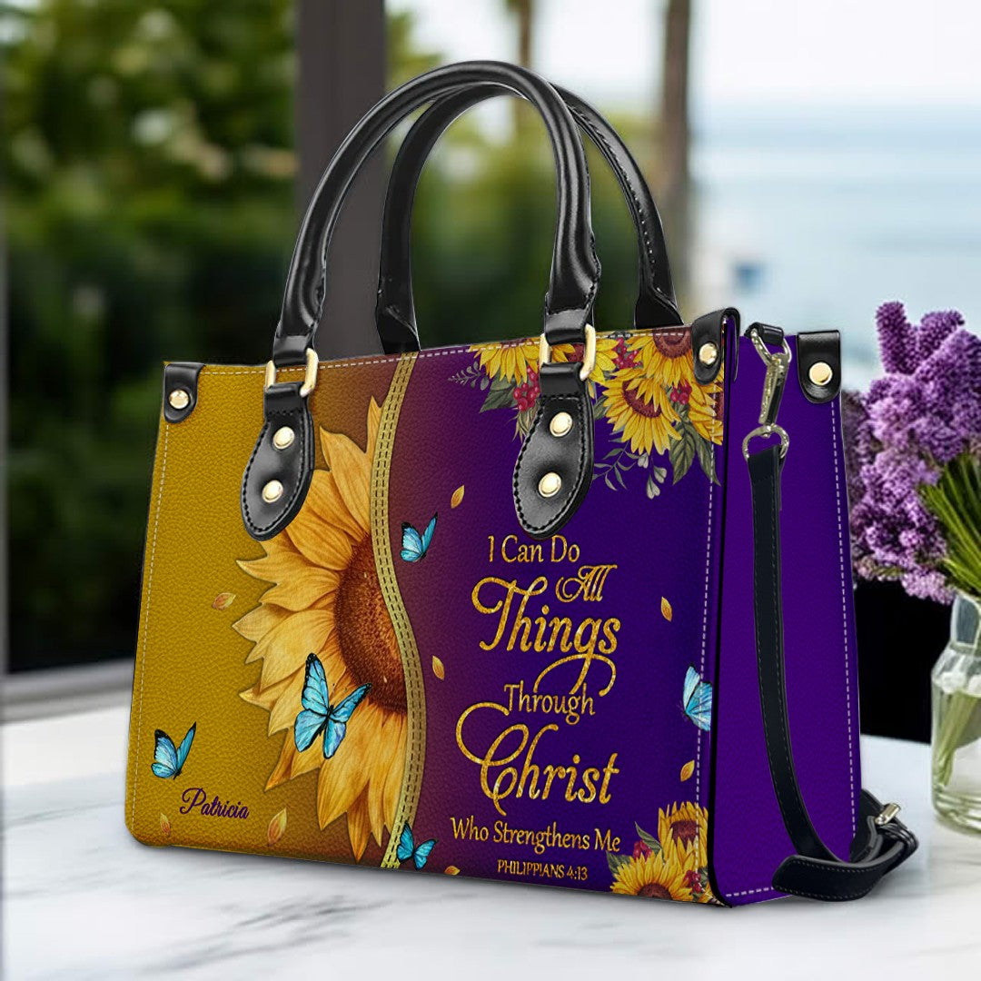 CHRISTIANARTBAG Personalized Leather Handbag & Wallet Set - Custom Bible Verse Sunflower Print - Religious Gift for Women