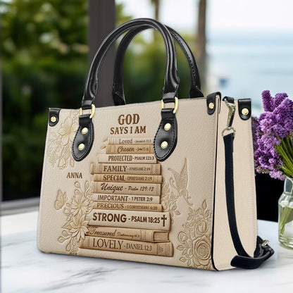 CHRISTIANARTBAG Personalized God Says I Am Leather Handbag - Custom Name Christian Bible Verse Stacked Books Tote Bag CAB01072226