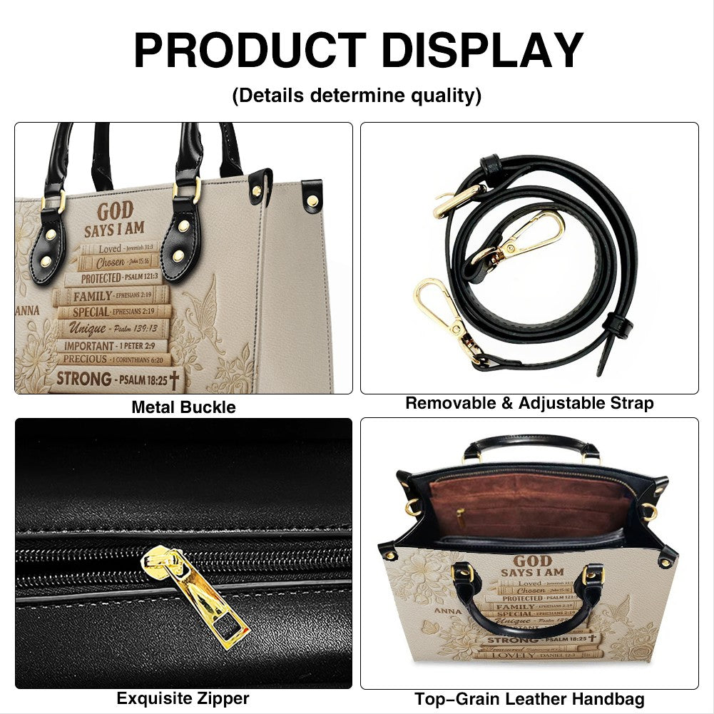 CHRISTIANARTBAG Personalized God Says I Am Leather Handbag - Custom Name Christian Bible Verse Stacked Books Tote Bag CAB01072226